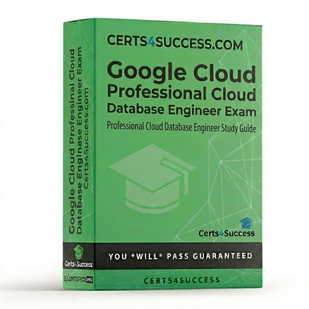 Google Professional Cloud Database Engineer Exam study guide box by Certs4Success.com, updated 2026 Edition for database migration and management.